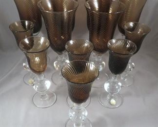 Stunning set of Italian glasses with huge knopped stem - some retain original labels