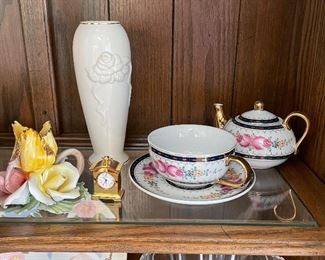 Capidamonte floral, teapot and teacup/saucer/ Lenox vase
