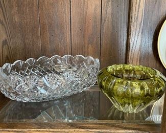 Heavy green glass bowl, crystal dish