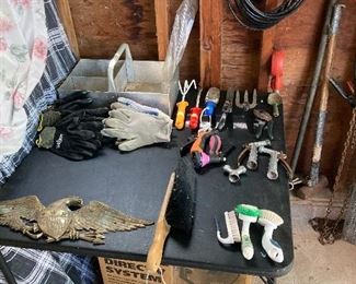 Garden tools, caddy and gloves