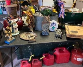 Bail handled water pail, gas cans, vintage Owl,  Vintage doorstops, Coleman stove and lantern