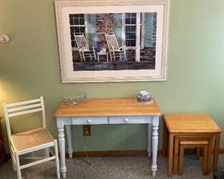 Dressing table with  matching chair and set of nesting tables.  The artwork in this picture is not for sale