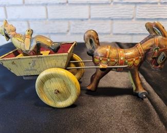 Marx Tin Toy Wind Up Donkey Cart & Driver Works