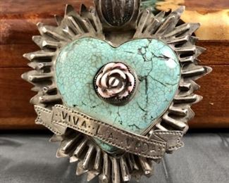 Sterling and turquoise heart pendant. “Vice la vida.” Signed “Sweet Bird.” 132 grams