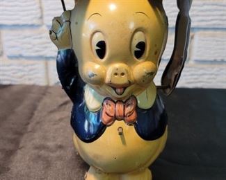 Marx Tin Litho Wind Up Porky Pig Twirling Umbrella Toy.