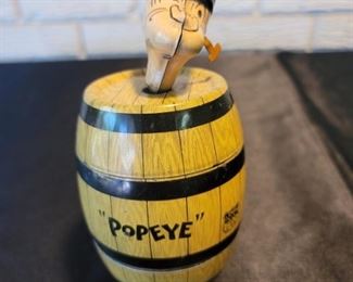 J Chein Popeye in Barrel Tin Litho Wind Up Toy.