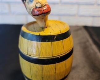 J Chein Man in a Barrel Wind Up Tin Toy, Works