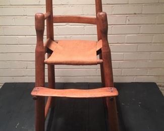 Folk Art Wooden High Chair with Leather(?) Seat