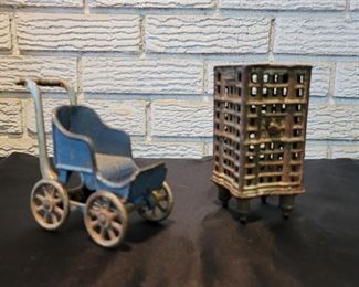 (2) Antique Cast Iron Toys, Safe and Baby Buggy