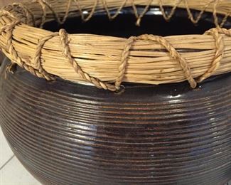 (3) Ceramic Pots With Bound Straw Tops