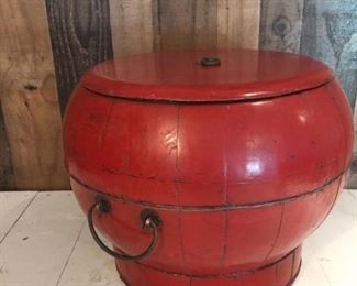 Painted Red & Lacquered Slatted Wood Lidded Barrel