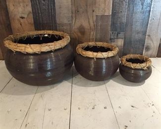 (3) Ceramic Pots With Bound Straw Tops