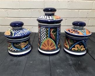 (3) Glazed Ceramic Lidded Canisters from Mexico
