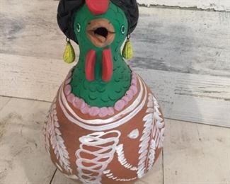 Whimsical Chicken Pottery Art from Mexico, signed