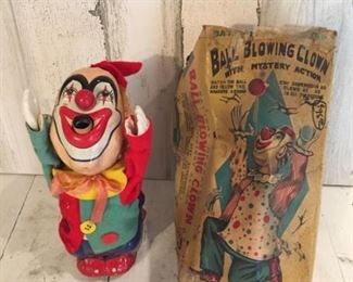 BALL BLOWING CLOWN Battery Operated Tin Toy