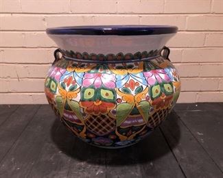 Large Artist Signed Glazed Terra Cotta Planter