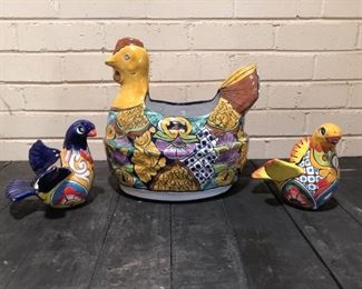 (3) Chicken and Dove Glazed Pottery Pieces