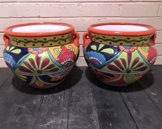 Pair Artist Signed Glazed Planters from Mexico