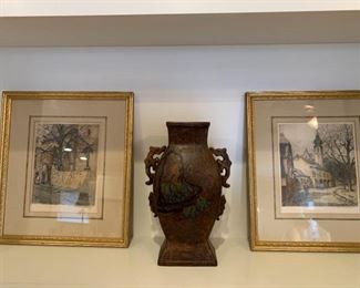 Signed Robert Etched Art and Signed Asian Pottery Vase.