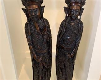 Resin statue of the Emperor and Hong Hao standing holding two swords, 17 inches tall.