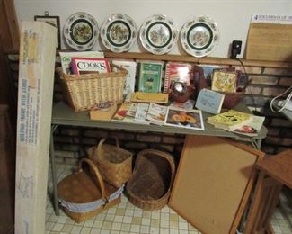 Vintage cookbooks, Cook's vintage magazines, and quilt frame with stand