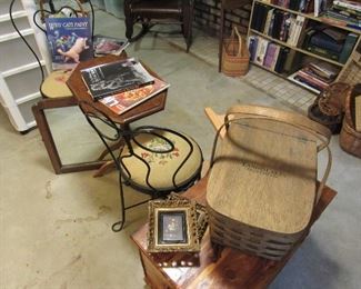 antique ice cream chairs with needlepoint seats, Land-O-Lakes picnic basket, charming small cedar chest, antique mirror and more