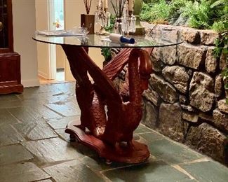 Swan Wood Carved Glass Top Table