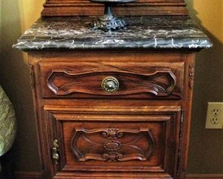 Ornate Wood Antique Marble Top Nightstand