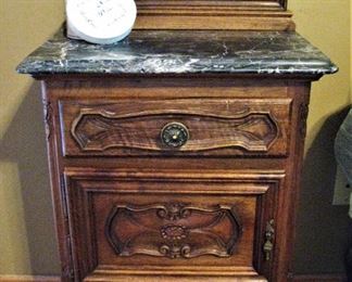 Ornate Wood Antique Marble Top Nightstand