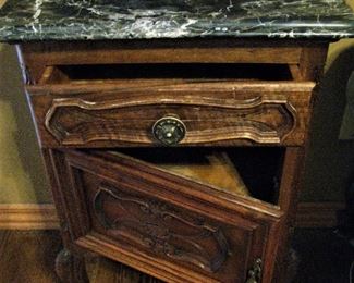 Ornate Wood Antique Marble Top Nightstand