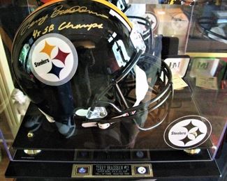 Signed Steelers Terry Bradshaw Super Bowl Full-Size Helmet with Flip Coin and Case  Authentication Paper on Back. 