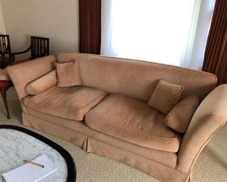 $200 Well-kept sofa,  Very clean and comfortable. Includes armrest covers + pillows. Nice neutral color.
Very good, clean condition. (Two matching chairs available separately).
You will need a full size truck or van and 2 people (minimum) for moving.