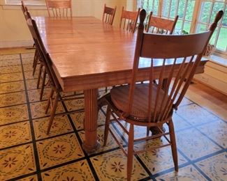 Dining Table and Chairs - 8 chairs. This table is super flexible...there are 7 leaves! As shown, the table is 29" high x 109" wide x 42" deep. Each leaf is 10". This table can drop down to almost square in no time! So many options!