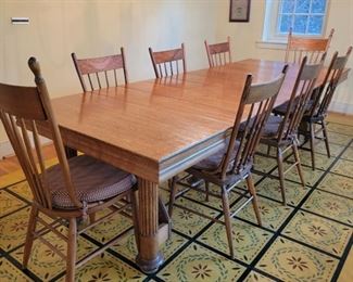 Dining Table and Chairs - 8 chairs. This table is super flexible...there are 7 leaves! As shown, the table is 29" high x 109" wide x 42" deep. Each leaf is 10". This table can drop down to almost square in no time! So many options!