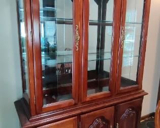 Dual-Pedestal Dining Room Table with 6 Chairs, 1-Leaf and Lighted China Cabinet