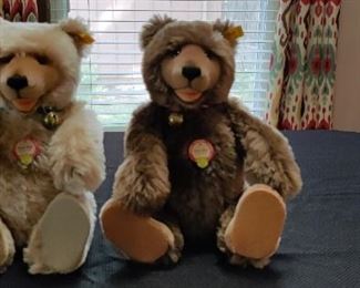 On the Left - STEIFF Replica of 1930 Teddy Baby Jointed Blond Bear 0175/35 Blue Collar 13"  - Sold on June 10th on Ebay for $79.99 plus 12.99 Shipping - On the Right RARE - CLASSIC STEIFF Replica of 1930 " Tall Brown Mohair Jointed Teddy Bear w/tags (4.2)