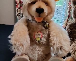 STEIFF Replica of 1930 Teddy Baby Jointed Blond Bear 0175/35 Blue Collar 13"  - Sold on June 10th on Ebay for $79.99 plus 12.99 Shipping