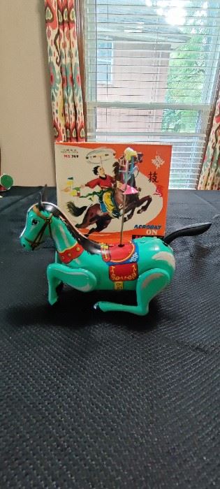 1960s Vintage Shaghai Red China Tinplate toy MS749 Acrobat on horse clockwork - Please Note the Acrobat is missing and not included. 