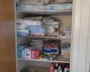 medicine cabinet, sheets , blankets