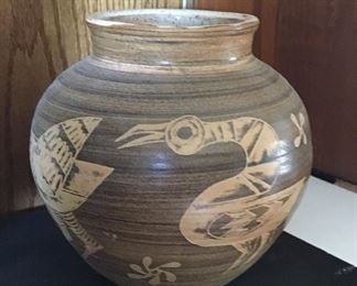 Rare Large Pot Titled "Strange Birds". Made by Aaron Bohrod with F. Carlton Ball. Outstanding piece.