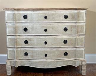 LARGE ITALIAN RUSTIC CHEST OF DRAWERS | White painted serpentine front, four drawers each with working locks and keys included, wood top with faux marble design, made in Italy by Greystone Home Collection; h. 41 x w. 50 x d. 26-1/2 in.