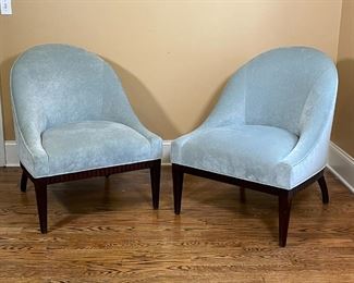 PAIR MODERN NAPOLEON STYLE SLIPPER CHAIRS | Grey-blue upholstery, slatted dark wood trim along seat, very comfortable! By the Charles Stewart Company, Hickory, N.C. [minor staining on back of chair]; h. 35 x 28 x 28 in.