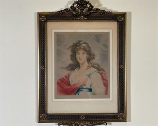 MEZZOTINT OF HOPPNER'S MIRANDA | Very orante wood frame with caning accents; engraved lower left, signed by printer, note on backside reads "'Miranda' artists proof mezzotint engraving in colors - by Sydney & Wilson after painting by Hoppner; overall 24-1/2 x 17 in. 