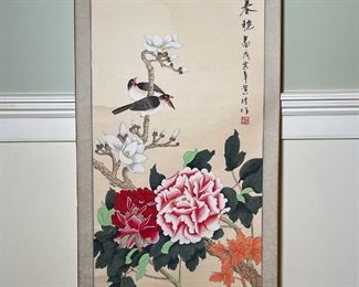 CHINESE SCROLL PAINTING | Depicting birds among flowering branches; 58-1/2 x 21-1/4 in. 