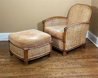 PALECEK RATTAN LOUNGE CHAIR | Louis XVI-style chair with matching foot rest; rattan frame with woven core, upholstered seat cushion; chair h. 35 x 31 x 36 in.; ottoman 17 x 24 x 24 in.