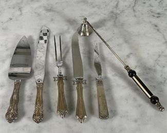 (7pc) STERLING SERVING PIECES | All with steel blades, including a carving set, a cake server and knife, a George Jensen style bar knife, and a candle snuffer (not silver) 