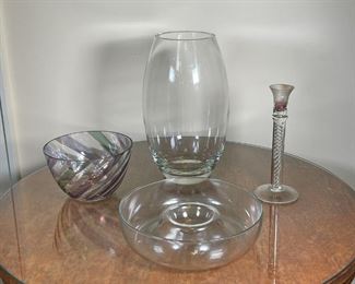 (4pc) MISC LARGE GLASS ITEMS | Pottery Barn vase (h. 14 in. some chips to inner rim), Chip and dip (dia. 10-1/2 in.), fluted swirl bowl (dia. 8 in. with chips); blown glass candlestick with twisted design (h. 10 in.) 