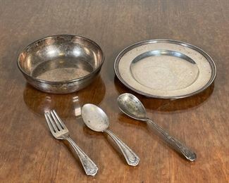 (5pc) MISC. STERLING SILVER  | Two spoons, a fork, shallow bowl by Georg Jensen, and an International Sterling plate (dia. 6 in.) 