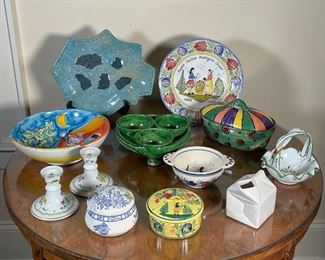 (12pc) LOT OF INTERNATIONAL CERAMICS | Including green snack server with three bowls (8 in.), three piece set of French ceramics, hand drawn glazed salad bowl (10 in.), abstract blue platter, pair Victorian Garden candlestick holders, ceramic basket, ceramic milk carton, hand painted lidded ceramic container, Gien France lidded container 