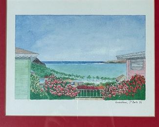 FRAMED BEACH SCENE PRINT | Souvenir print signed "Guanahani, St Barth 91"; 12 x 15 in. framed 